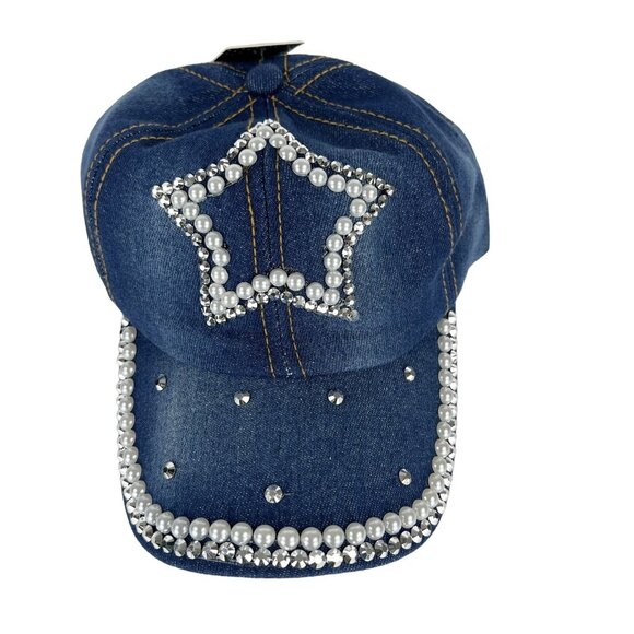 OLIVIA & KATE New York WOMEN'S BLUE DENIM EMBELLISHED BASEBALL CAP HAT Size M - Picture 1 of 8